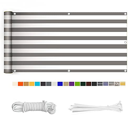 HERILIOS Balkon Sichtschutz, Balkonabdeckung 220 g/m² Innen Balkonverkleidung UV-Schutz (210Größen&21Farben) mit Ösen Kabelbinder und Kordel für Balkongeländer Terrasse,75X100CM Grau-weiß gestreift