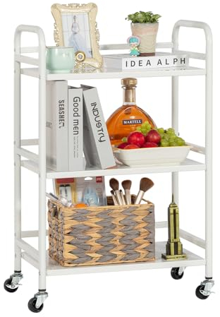 HDANI Servierwagen,3 Ebenen Servicefahrzeug aus Metall mit Rollen, für kleine Räume, Küche, Esszimmer, Bar, Bäder, rollwagen Weiß,48×30×75cm