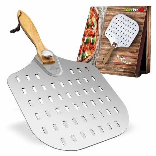 Antech Perforerad pizzaspade - Tjock aluminiumskopa och avtagbart trähandtag - designad för den bästa pizzaugnen för bröd och focaccia