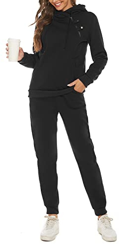 JENJON Tuta da Ginnastica Donna Completa da Due Pezzi a Maniche Lunghe con Cappuccio + Pantaloni Casual Autunno Inverno Yoga Fitness Sportive Nero XXL