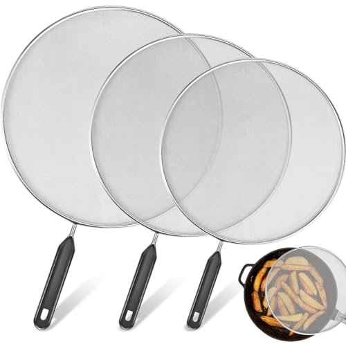 GUIJZSLTRG 3Pcs Grease Splatter Guard, Mesh Splatter Screen with Handle, Stainless Steel Splash Guard Temperature Resistant Splatter Screen Strainer 9.8 in+11.4 in+13 in for Cooking Frying Pan