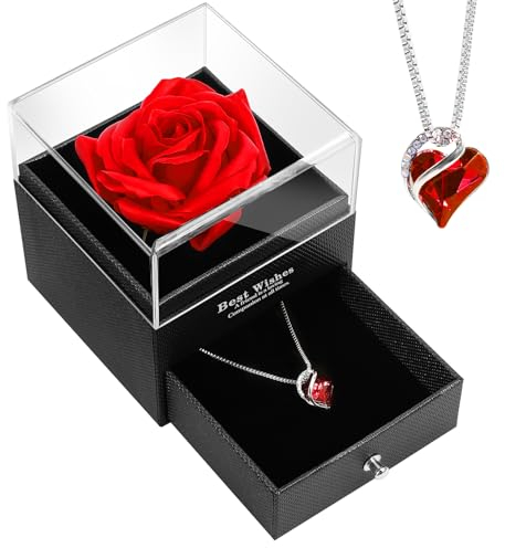 TangDouJM Rote Rose Kristall Herz Halskette, ewige Rose Geburtstag Geschenk für Frauen Frau Freundin Oma Valentinstag Muttertag Weihnachten Hochzeitstag
