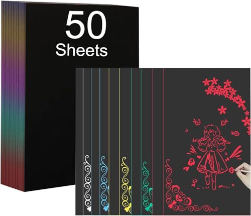 Creatorally Kratzpapier A4, Bastelpapier für Laser Gravur, 5 Farben 50 Blatt Zum Kinder Zeichnen, Kunstbedarf, DIY, Weihnachten, Geburtstagsgeschenk