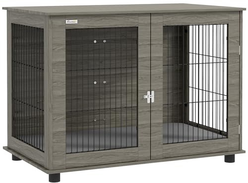 PawHut Cage pour Chien intérieur, Table d'appoint, 100 x 60 x 73,5 cm, Niche pour Chiens jusqu'à 30 kg, avec Coussin déhoussable et Porte verrouillable, Assemblage Facile, Gris
