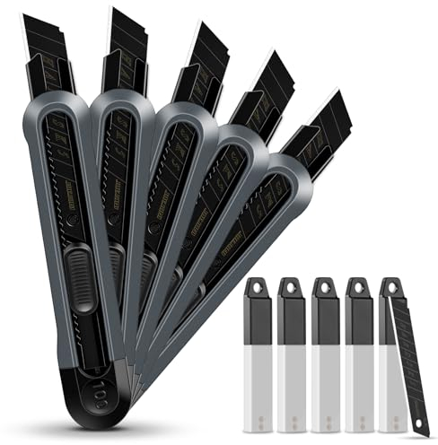 JOEJONI 5 Pezzi Kit Taglierino, Taglierino Cutter 18 mm con 55 Lame di Ricambio in SK5, Cutter Professionale Taglierino, Taglierini Retrattili con Blocco di Sicurezza, per Cartone Moquette e Bricolage
