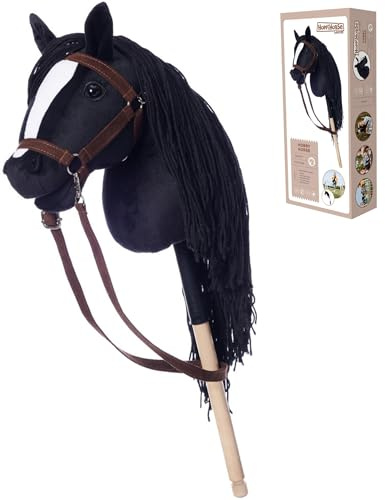 HOPPIHORSE Steckenpferd mit Trense - A3 - Hobby Horse mit Zügeln, Schultergurt, Schweif - hochwertiges Plüsch mit Langer Mähne - Silikongriff für besseren Halt - mit Geschenkverpackung