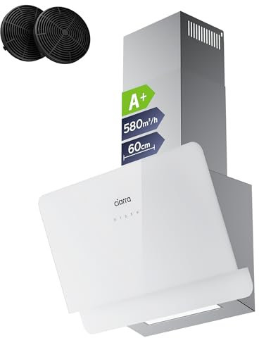 CIARRA CBCS6765C Hotte Inclinée Murale 60cm Classe A+ 580m³/h avec Filtre à Charbon CBCF055, 3 Vitesses, Écran Tactile, Évacuation & Recyclage, Verre et Inox -Blanche