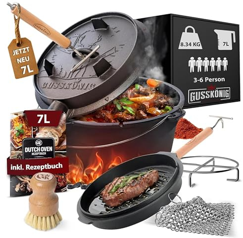 GUSSKÖNIG Dutch Oven Set–Eingebrannter Dutch Oven 7L [3-6 Person]–Feuertopf Gusseisen ohne Füße–Schmortopf Doppelfunktion–2in1 Deckelheber,Untersetzer,Ringreiniger,Bürste,Rezeptbuch-30 Jahre Garantie