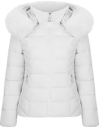 Duohropke Chaqueta de invierno para mujer, parka de invierno larga, abrigo acolchado cálido, chaqueta corta forrada de invierno, parka informal, chaqueta acolchada con capucha, Blanco, M