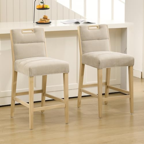 chairus 2PCS Taburetes de Bar de Madera con Asiento Acolchado, Beige | Tejido de Chenilla, Patas de Madera, Sin Reposabrazos, Silla Alta Para Isla de Cocina