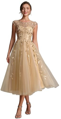Ever-Pretty Robes d'Invité de Mariage Midi Col Ronde Manches Courtes Paillette Tulle Or 44