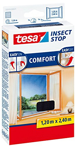tesa Insect Stop COMFORT Fliegengitter für bodentiefe Fenster / Insektenschutz mit selbstklebendem Klettband in Anthrazit / 120 cm x 240 cm (2er Pack)