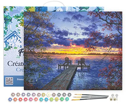 Figured'Art Pintar por Numeros Adultos con marco Pontón al atardecer - Manualidades pintura acrilica Kit Cuadro DIY completo - 40x50cm con bastidor montado