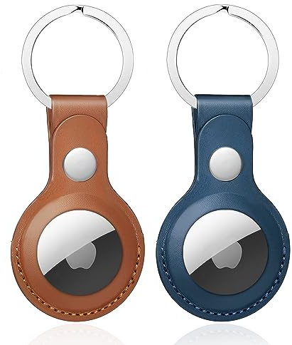Nepfaivy Schlüsselanhänger Hülle für Airtag aus PU-Leder - 2er Pack Anhänger Kompatibel mit Apple Airtags, Tragbares Leder Case Zubehör für Air Tag Tracker(Braun + Blau)