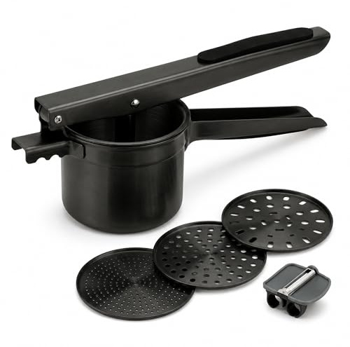 Potato Ricer Stainless Steel (15 oz, Black) - Heavy Duty Potato Masher with 3 Interchangeable Discs & Peeler - Easy Mashed Potatoes Kitchen Tool by Kovilo