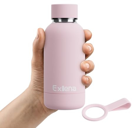 Exllena Water Bottle 350ml with Clip, Double Wall Vacuum Insulated Keeps Drinks Cold 24 Hrs/Hot 12 Hrs, BPA Free (Pink)