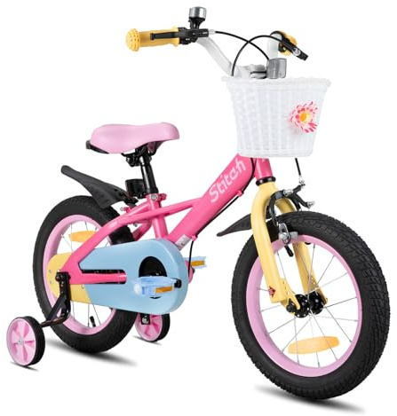 STITCH Macaron 12 Zoll Kinderfahrrad für 2-4 jährige Mädchen & Jungen, Mädchenfahrrad mit Korb & Stützrädern,Rosa
