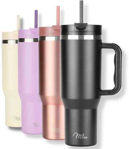 Milu Tazza termica a doppia parete 1200ml con cannuccia e manico, 24h ghiacciato / 12h caldo Tumbler 40oz in acciaio inox con manico, bottiglia isolante da portare con sé (Black, 1200ml)
