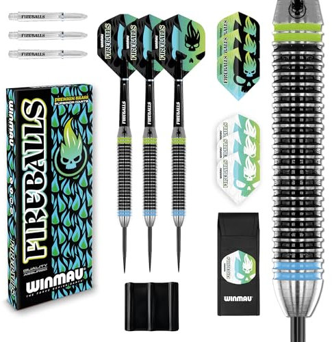 WINMAU Darts Fireball 22g Mässing Dartset i stålspets med dartflyg och dartskaft (stammar) inklusive dartplånbok