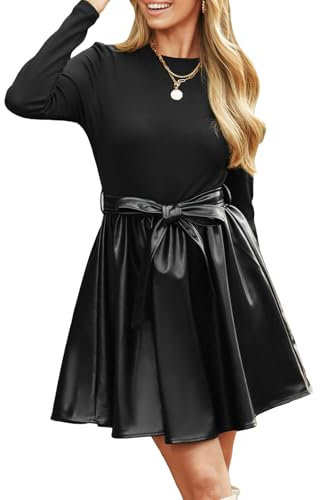 CUPSHE Damen Kleid Kunstleder Rundhals Langarm Freizeitkleider Herbst Stricktop A-Linie Elegant Mini Dress Schwarz M