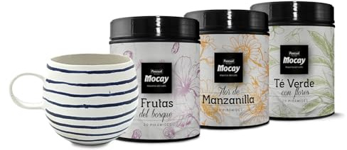 Mocay - Pack Infusiones + Taza de Regalo - 3 latas de 20 Pirámides: Manzanilla + Té Verde con Flores + Frutas del Bosque - 60 Pirámides Compostables. Ideal Pack Regalo