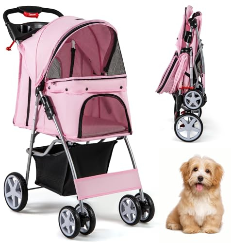 SOARS Poussette Chien Pliable, Charge 15 KG, Pousette Chat avec Fenêtre en Filet, Porte-Gobelet, Panier de Rangement, Coussin Confortable, pour Animaux de Compagnie, 87 X 46 X 102 CM (Rosé)