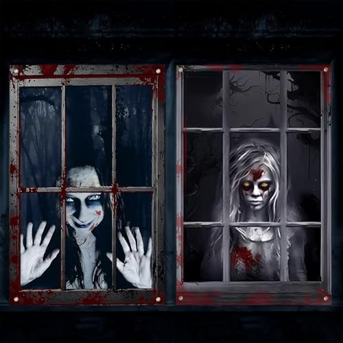 2 Pièces Decoration Halloween Fenêtre, Effrayante Stickers Fenetre Halloween Fantôme Animée Tissu Rideau Halloween Decoration pour Intérieur Extérieur Deco fenetre Porte Accessoires Fête
