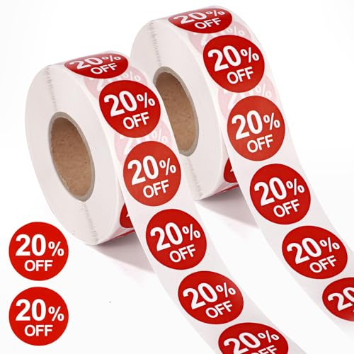 Tinoaly 2000st 20% Rabatt Klistermärken, 2,5cm Runda 20 Procents Rabatt Kampanjetiketter Självhäftande Prisskyltar Reaprisetiketter för Butiker Stormarknader Affärer Garage (Röd)