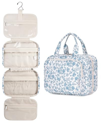 Narwey Trousse de Toilette de Voyage à Suspendre Femmes Trousse de Maquillage Organisateur Accessoires Toilette Sac de Toilette (Petite Fleur Bleue(Grand))