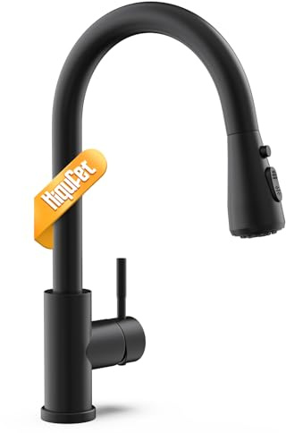 Hiqufet Grifo de Cocina Monomando: Diseño de Arco Alto, Brazo Extraíble con 3 Modos y Giro 360°, Negro Mate