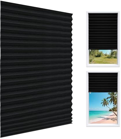 6Pcs 100% Full Blackout Pleated Shades for Windows, No Drill Cordless Window Blinds with Adjustable Height Clips, Temporary Adhesive Shades for Bedroom Apartment Nursery Media Room, 35 W x 71 H