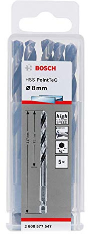 Bosch Professional Set de 10 brocas de vástago hexagonal PointTeQ, para metal, diámetro: 8 mm, vástago hexagonal de ¼, accesorios para taladro de impacto y taladro atornillador