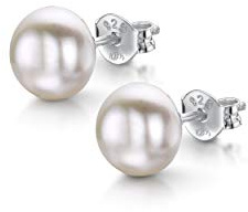 Amberta Women's 925 Sterling Silver Freshwater Pearl Stud Earrings: 7 to 8 mm White Pearl