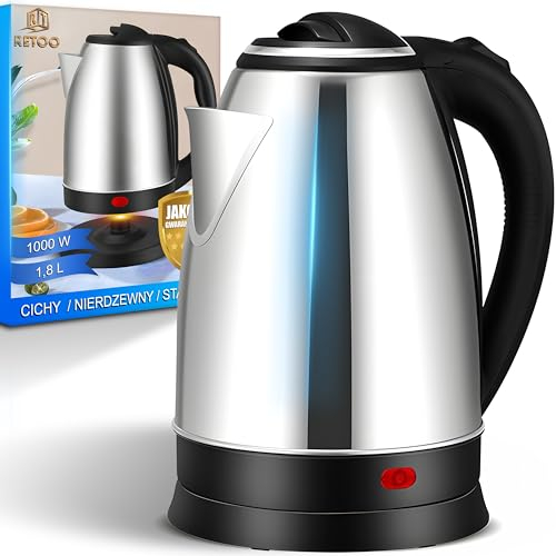 Retoo Wasserkocher 1500W 1.8L Wassertank, Elektrischer Teekocher, Reisewasserkocher, Wasser Kocher für Haushalt, Küche, Kaffee, Kräuterbrauen, Electric Kettle, Silber-Schwarz
