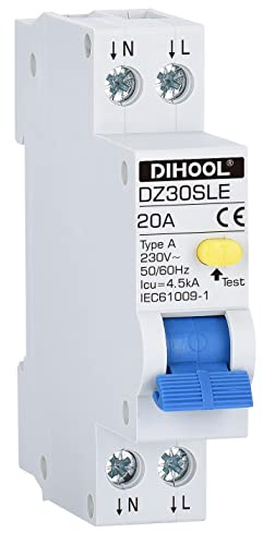 DIHOOL Type a RCBO ELCB RCD 18mm width Circuit Breaker(30mA 2 pole 20A)