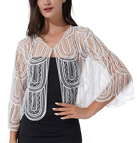 ORANDESIGNE Coprispalle da Cerimonia Donna Elegante Paillettes Cardigan a Manica 3/4 Bolero Leggero Giacca Corte Scialle Shrug per Sposa Matrimonio Battesimo Sera Cocktail A Bianco Taglia Unica