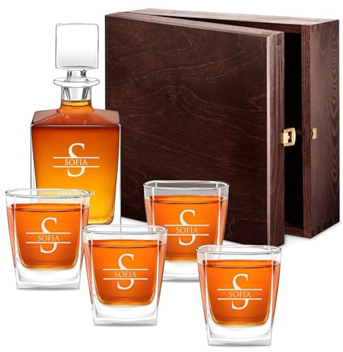 Maverton set Decanter da whisky con 4/6 bicchieri - incisione personalizzata - Caraffa vetro con tappo 810 ml - Bottiglia per whisky - pensiero originale donna - per compleanno - Iniziale