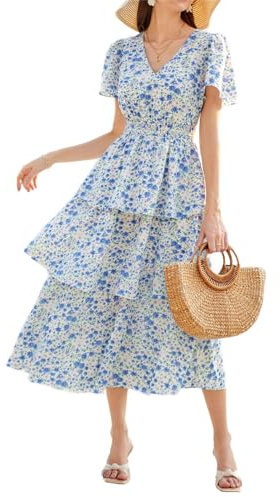 GRACE KARIN 2024 Robe d'été pour femme, col en V, manches courtes, motif floral, décontractée, robe maxi, élégante, coupe trapèze, pour plage, loisirs, vacances, mariage, Fleur bleue., L