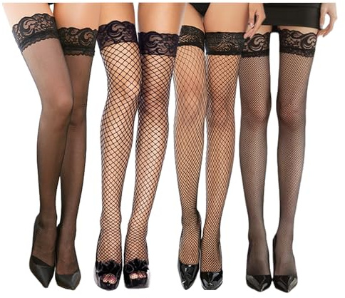 KRYMSON Lot de 4 Bas en Résille, Silicone Antidérapant, Dentelle, Sexy Noirs, Hauts au Genou, Noir, Taille Unique