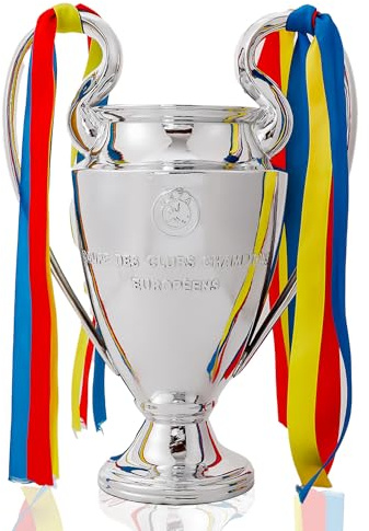 Emaraxy Champions-pokal, 16 cm, fotbollspokal med harts, kopia, gjord med galvaniseringsprocess, med band, för rumsdekorationer och present till fans