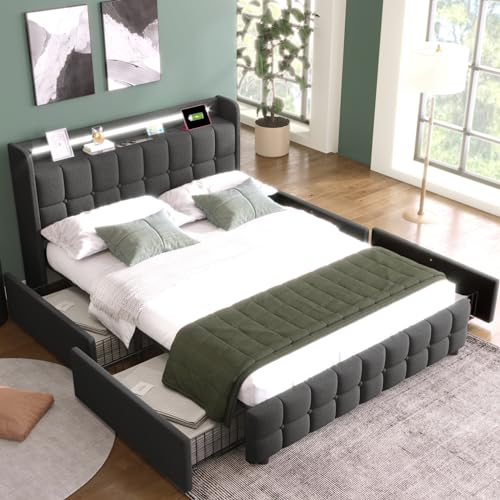 BHFFTHK Cama tapizada de 160 x 200 cm, Cama Doble con 4 cajones de Almacenamiento, cabecero LED con función de Carga USB, Moderna Cama Juvenil con somier de Madera, Lino, Beis, sin colchón,Gris
