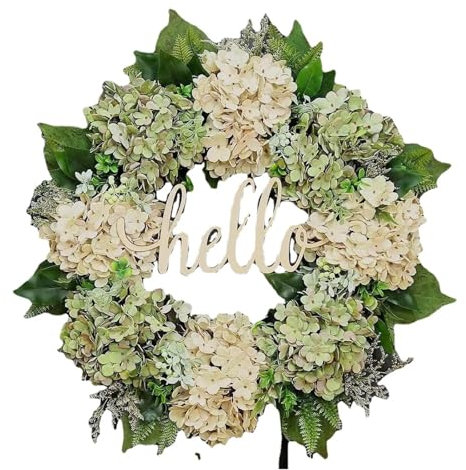 Corona de hortensias artificiales de 40 cm, corona de hortensias verdes para puerta delantera, decoración de fondo de pared para casa, chimenea, pared