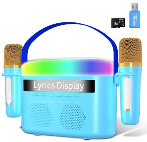 Máquina de karaoke, máquina de karaoke para adultos y niños con pantalla de letras, altavoz dual Bluetooth portátil con 2 micrófonos inalámbricos, 7 modos de luces nocturnas, ruido blanco, tarjeta 8G,