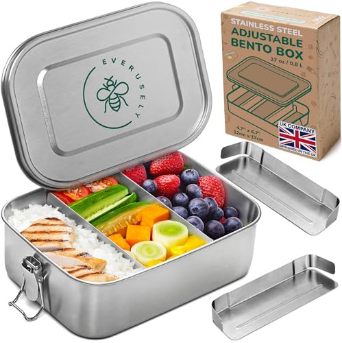 Everusely - Pranzo Scatola acciaio - 1200 ml, 2 divisori regolabili - Contenitori Bento a tenuta stagna per adulti e bambini - Contenitori per alimenti per snack e insalata