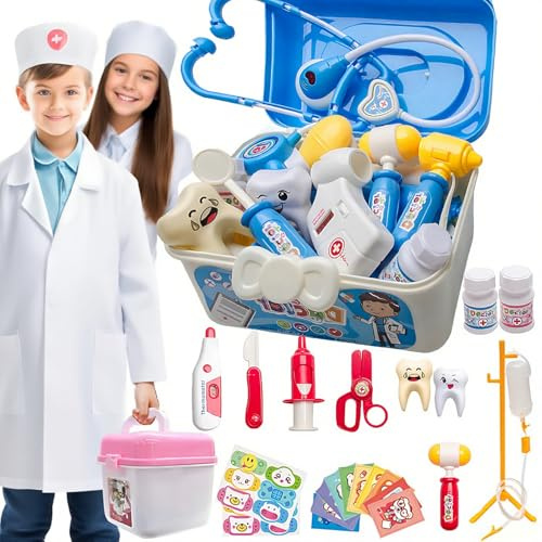 XUBX 38PCS Juguete De rol del Kit del Doctor, Ropa Médica, Doctora Juguete, Termómetro, Frasco De Medicina, Caja De Almacenamiento Medicos, Juegos De rol, Juegos Educativos Niños a Partir De 3 Años