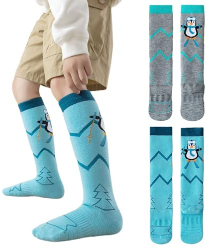 Vihir Lot de 2 paires de chaussettes de ski pour enfant avec laine de mouton robustes et durables régulant l'humidité, respirantes, douces pour la peau, pingouin, 30-35, bleu, 30-35
