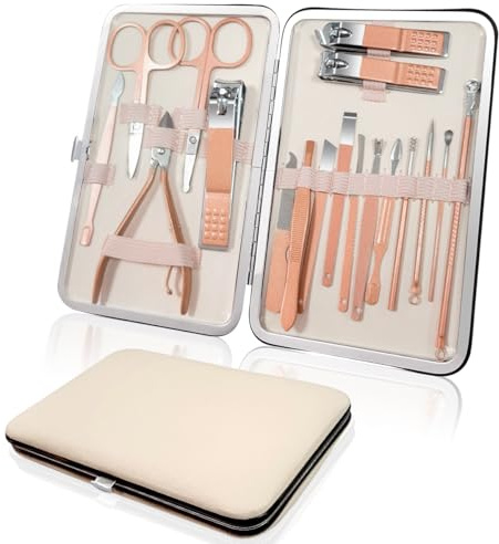 Uqingo Manicure Set 18pcs, Nail Clipper Set, Professional Portable Stainless Steel Nail Care Kit Manicure Set Grooming Tools for Men Women with PU Leather Storage Case for Travel & Home-Rose Gold
