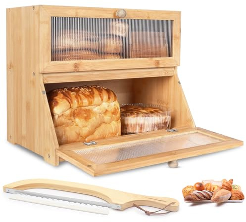 Vyranut Porta Pane in Bambù 40×25×33 cm a Doppio Strato con Sega Inclusa, Scatola Vintage in Legno con Pannello Acrilico – Contenitore da Cucina per Caffè e Dolci