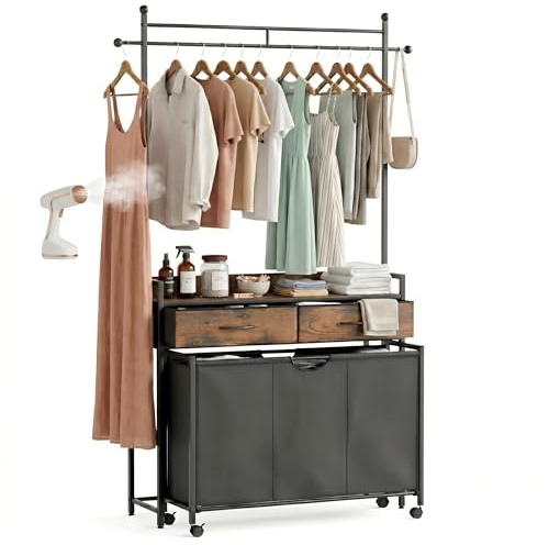 Mondeer Laundry Sorter with 2 Drawers and Hanging Rack, 150L Laundry Hamper with 3 Compartments Pull-Out Rolling Bag, Laundry Basket Organizer for Bathroom, Rustic Brown and Black