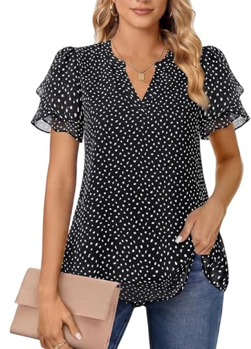 Fiohiros Womens Chiffon Blouse Polka Dot Short Sleeve Top,Chiffon Blouses for Women UK Lightweight Breathable Summer Shirt